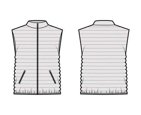 Down vest puffer waistcoat technical fashion illustration with stand collar, pockets, loose, hip length, narrow quilting. Flat template front, back, grey color style. Women, men, unisex top CAD mockupのイラスト素材