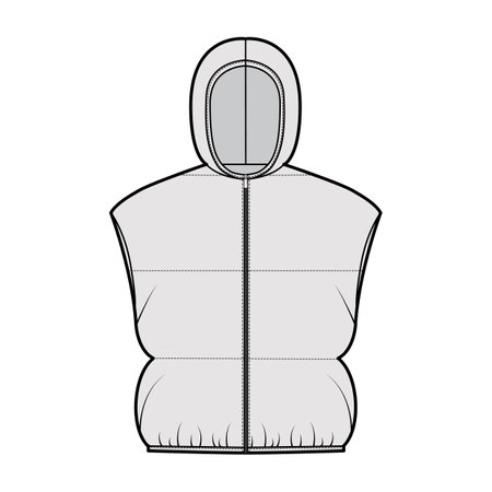 Hooded Down vest puffer waistcoat technical fashion illustration with zip-up closure, loose fit, crop length, wide quilting. Flat template front, grey color style. Women, men, unisex top CAD mockupのイラスト素材