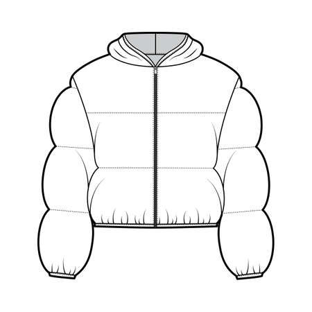 Hooded jacket Down puffer coat technical fashion illustration with long sleeves, zip-up closure, boxy fit, crop length, wide quilting. Flat template front, white color. Women, men top CADのイラスト素材