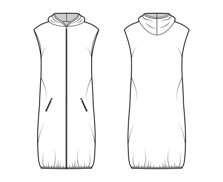 Down vest puffer waistcoat technical fashion illustration with sleeveless, hoody collar, zip-up closure, loose fit, knee length. Flat template front, back, white color style. Women, men top CAD mockupのイラスト素材