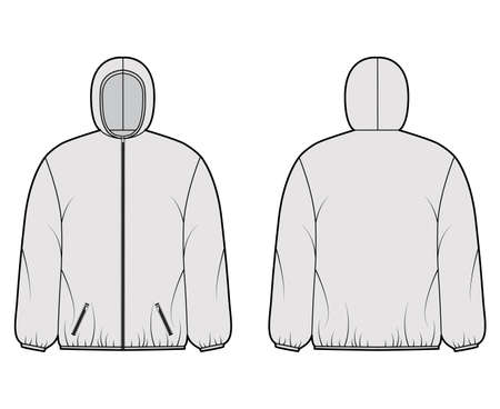 Puffer coat jacket technical fashion illustration with long sleeves, hoody collar, zip-up closure, pockets, boxy fit, hip length. Flat template front, back grey color style. Women, men, unisex top CADのイラスト素材