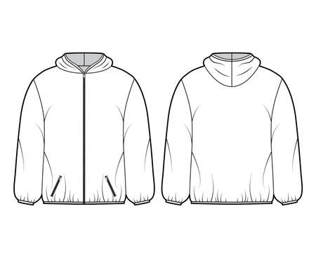 Puffer coat jacket technical fashion illustration with long sleeves, hoody collar, zip-up closure, pockets, boxy fit, hip length. Flat template front, back, white color style. Women men unisex top CADのイラスト素材