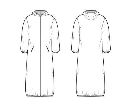 Hooded padded shell coat jacket puffer technical fashion illustration with long sleeves, maxi length, zip-up closure, boxy fit. Flat template front, back, white color style. Women, men top CAD mockupのイラスト素材
