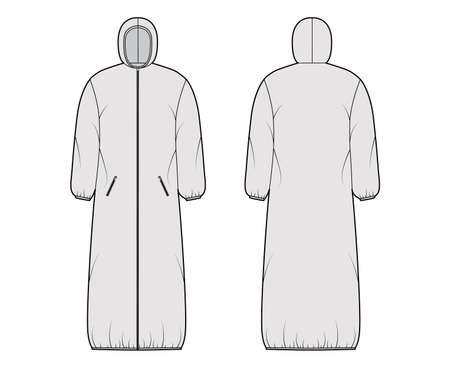 Hooded padded shell coat jacket puffer technical fashion illustration with long sleeves, maxi length, zip-up closure, boxy fit. Flat template front, back, grey color. Women, men, unisex top CAD mockupのイラスト素材