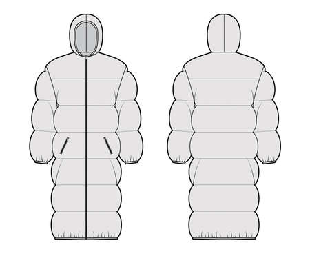 Down puffer coat jacket technical fashion illustration with long sleeves, hoody collar, zip-up closure, oversized, knee length, wide quilting. Flat template front, back, grey color style. Women, CADのイラスト素材