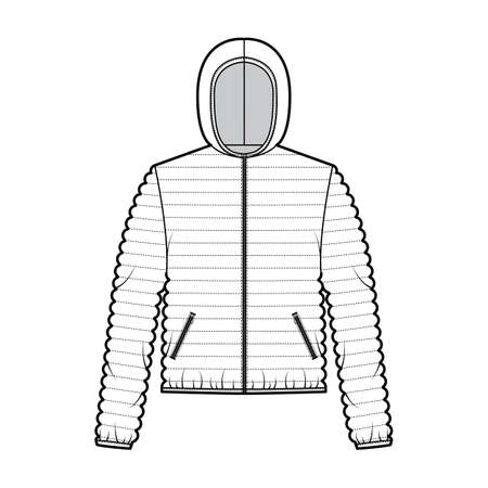 Hooded jacket Down puffer coat technical fashion illustration with long sleeves, zip-up closure, pockets, narrow quilting. Flat template front, white color style. Women, men, unisex top CAD mockupのイラスト素材