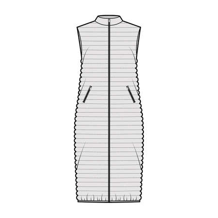 Down vest puffer waistcoat technical fashion illustration with sleeveless, stand collar, zip-up closure, midi length, narrow quilting. Flat template front, grey color style. Women, men top CAD mockupのイラスト素材