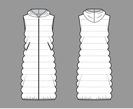 Hooded Down vest puffer waistcoat technical fashion illustration with sleeveless, zip-up closure, oversized, classic quilting. Flat template front, back, white color style. Women, men top CAD mockupのイラスト素材