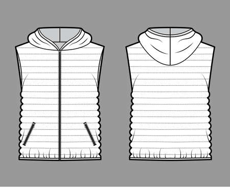 Down vest puffer waistcoat technical fashion illustration with sleeveless, hoody collar, zip-up closure, hip length, narrow quilting. Flat template front, back, white color style. Women men CAD mockupのイラスト素材