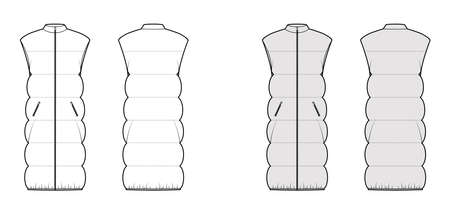 Down vest puffer waistcoat technical fashion illustration with sleeveless, stand collar, knee length, wide quilting. Flat template front, back, white, grey color style. Women men unisex top CAD mockupのイラスト素材