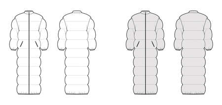 Puffer quilted shell down coat jacket technical fashion illustration with long sleeves, stand collar, maxi length, pockets, oversized. Flat template front, back, white, grey color. Women, men mockupのイラスト素材