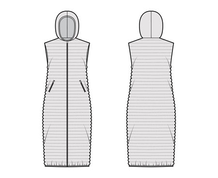 Down vest puffer waistcoat technical fashion illustration with hoody collar, zip-up closure, pockets, loose body, narrow quilting. Flat template front, back, grey color style. Women, men, unisex topのイラスト素材