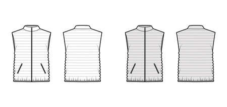 Down vest puffer waistcoat technical fashion illustration with stand collar, loose fit, hip length, narrow quilting. Flat template front, back, white, grey color style. Women, men, unisex top mockupのイラスト素材