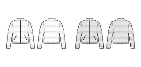 Down puffer coat jacket technical fashion illustration with long sleeves, stand collar, pockets, hip length, narrow quilting. Flat template front, back, white, grey color. Women, men, unisex top CADのイラスト素材