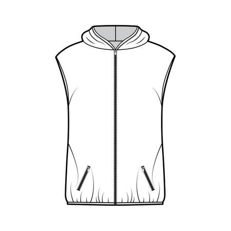 Hooded Down vest puffer waistcoat technical fashion illustration with zip-up closure, pockets, oversized body, hip length. Flat template front, white color style. Women, men, unisex top CAD mockupのイラスト素材