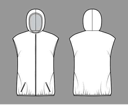 Hooded Down vest puffer waistcoat technical fashion illustration with zip-up closure, pockets, oversized body, hip length. Flat template front, back, white color style. Women, men, unisex CAD mockupのイラスト素材