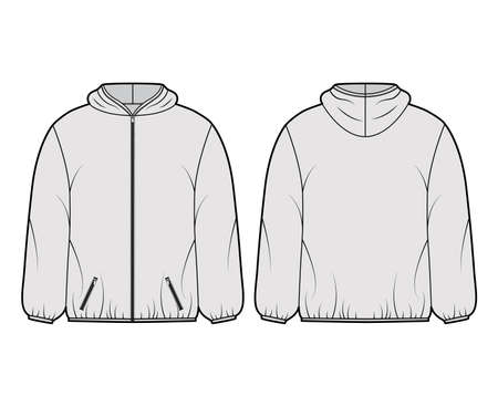 Puffer coat jacket technical fashion illustration with long sleeves, hoody collar, zip-up closure, pockets, boxy fit, hip length. Flat template front, back grey color style. Women, men, unisex top CADのイラスト素材
