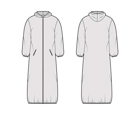 Hooded padded shell coat jacket puffer technical fashion illustration with long sleeves, maxi length, zip-up closure. Flat template front, back, grey color style. Women, men, unisex top CAD mockupのイラスト素材
