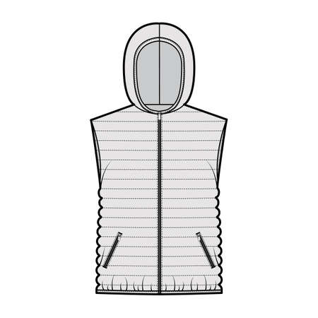 Down vest puffer waistcoat technical fashion illustration with sleeveless, hoody collar, zip-up closure, hip length, quilting. Flat template front, grey color style. Women, men, unisex top CAD mockupのイラスト素材