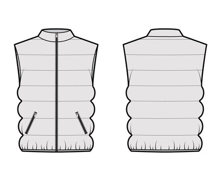 Down vest puffer waistcoat technical fashion illustration with stand collar, zip-up closure, pockets, oversized, classic quilting. Flat template front, back, grey color. Women, men, unisex top mockupのイラスト素材