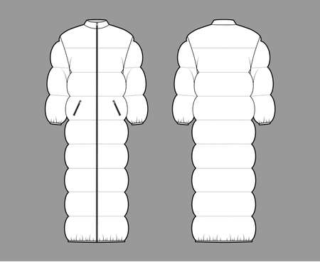 Puffer quilted shell down coat jacket technical fashion illustration with long sleeves, stand collar, maxi length, zip-up closure, oversized. Flat template front, back, white color. Women, men CADのイラスト素材