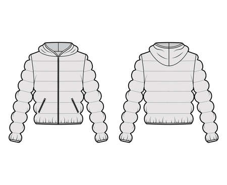 Hooded jacket Down puffer coat technical fashion illustration with zip-up closure, pockets, oversized, classic quilting. Flat template front, back, grey color style. Women, men, unisex top CAD mockupのイラスト素材
