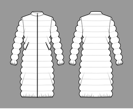 Coat quilted shell down jacket puffer technical fashion illustration with long sleeves, stand collar, zip-up closure, oversized. Flat template front, back, white color style. Women, men top CAD mockupのイラスト素材