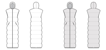 Down vest puffer waistcoat technical fashion illustration with sleeveless, hoody collar, maxi length, wide quilting. Flat template front, back, white, grey color style. Women, men, unisex CAD mockupのイラスト素材