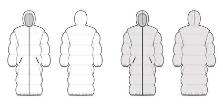Down puffer coat jacket technical fashion illustration with hoody collar, zip-up closure, oversized, wide quilting. Flat template front, back, white, grey color style. Women, men unisex top CAD mockupのイラスト素材
