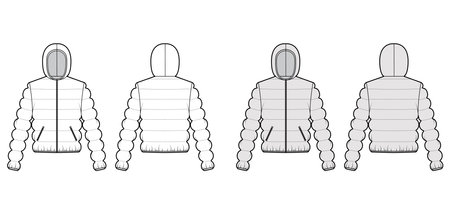 Hooded jacket Down puffer coat technical fashion illustration with zip-up closure, pockets, classic quilting. Flat template front, back, white, grey color style. Women, men, unisex top CAD mockupのイラスト素材