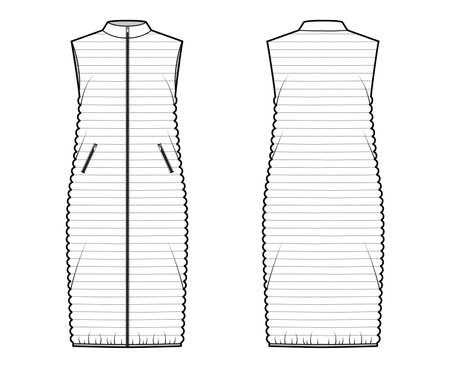 Down vest puffer waistcoat technical fashion illustration with stand collar, zip-up closure, pockets, midi length, narrow quilting. Flat front, back, white color style. Women men unisex top CAD mockupのイラスト素材