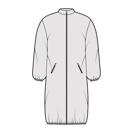 Hooded jacket puffer coat technical fashion illustration with long sleeves, stand collar, zip-up closure, pockets, knee length. Flat template front, grey color style. Women, men, unisex top CAD mockupのイラスト素材