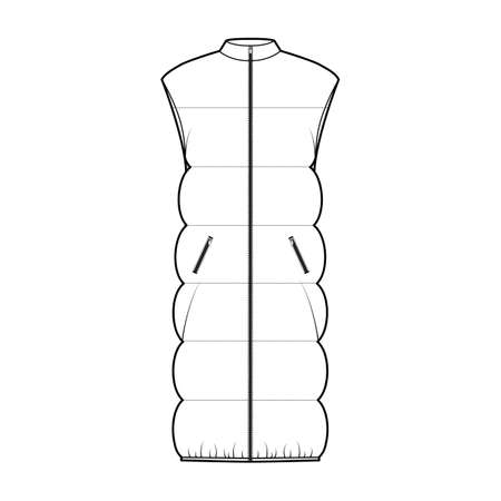 Down vest puffer waistcoat technical fashion illustration with sleeveless, stand collar, pockets, oversized, knee length, wide quilting. Flat template front, white color style. Women, unisex top CADのイラスト素材
