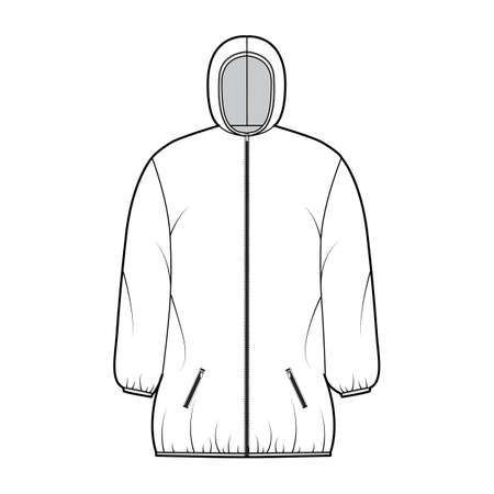 Down puffer coat jacket technical fashion illustration with long sleeves, hoody collar, zip-up closure, boxy fit, thigh length. Flat template front white color style. Women, men, unisex top CAD mockupのイラスト素材