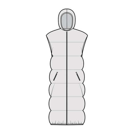 Down vest puffer waistcoat technical fashion illustration with sleeveless, hoody collar, zip-up closure, knee length, wide quilting. Flat template front, grey color style. Women, men, top CAD mockupのイラスト素材