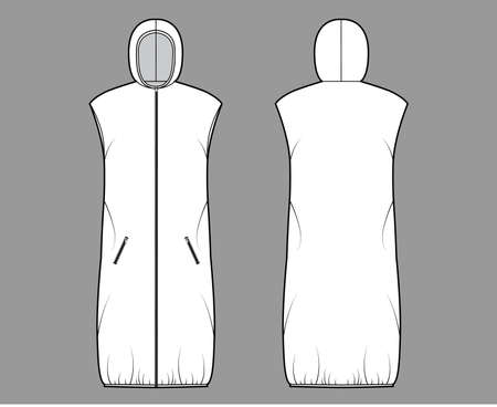 Down vest puffer waistcoat technical fashion illustration with sleeveless, hoody collar, zip-up closure, pockets, loose fit, knee length. Flat template front, back, white color. Women, men, CAD mockupのイラスト素材