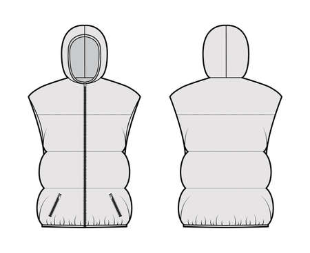 Down vest puffer waistcoat technical fashion illustration with hoody collar, zip-up closure, hip length, wide quilting. Flat template front, back, grey color style. Women, men, unisex top CAD mockupのイラスト素材