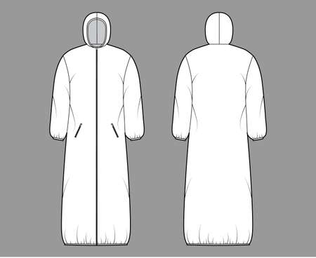 Hooded padded shell coat jacket puffer technical fashion illustration with long sleeves, maxi length, zip-up closure, boxy fit. Flat template front, back, white color style. Women, men top CAD mockupのイラスト素材