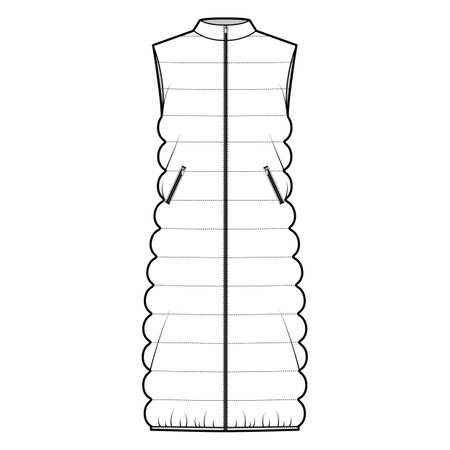 Down vest puffer waistcoat technical fashion illustration with sleeveless, stand collar, zip-up closure, oversized, classic quilting. Flat template front, white color style. Women, men top CAD mockupのイラスト素材