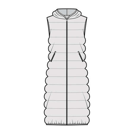 Hooded Down vest puffer waistcoat technical fashion illustration with zip-up closure, oversized, midi length, classic quilting. Flat template front, grey color style. Women, men, unisex top CAD mockupのイラスト素材