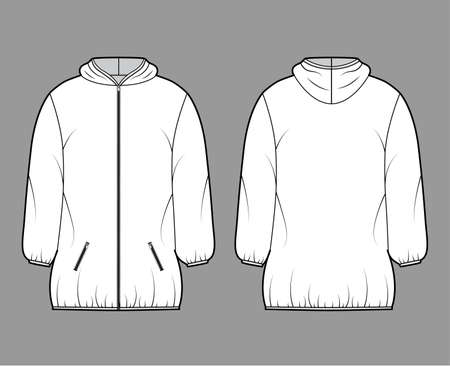 Down puffer coat jacket technical fashion illustration with long sleeves, hoody collar, zip-up closure, boxy fit, thigh length. Flat template front, back, white color. Women, men unisex top CAD mockupのイラスト素材