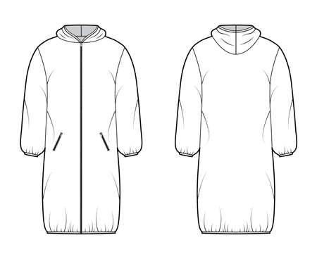 Hooded jacket Down puffer coat technical fashion illustration with long sleeves, zip-up closure, boxy fit, knee length. Flat template front, back, white color style. Women, men, unisex top CAD mockupのイラスト素材
