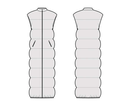 Down vest puffer waistcoat technical fashion illustration with sleeveless, stand collar, zip-up closure, pockets, maxi length. Flat template front, back, grey color style. Women, men unisex CAD mockupのイラスト素材