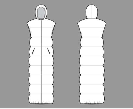 Down vest puffer waistcoat technical fashion illustration with hoody collar, zip-up closure, pockets, maxi length, wide quilting. Flat template front, back, white color. Women, men, unisex top mockupのイラスト素材
