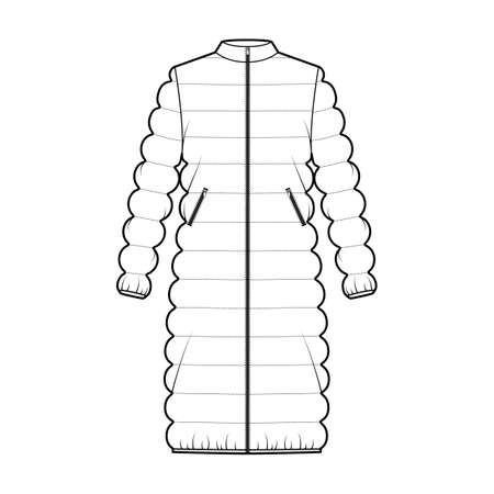 Coat quilted shell down jacket puffer technical fashion illustration with long sleeves, stand collar, zip-up closure, oversized. Flat template front, white color style. Women, unisex top CAD mockupのイラスト素材