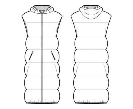 Down vest puffer waistcoat technical fashion illustration with sleeveless, hoody collar, zip-up closure, knee length. Flat template front, back, white color style. Women, men, unisex top CAD mockupのイラスト素材