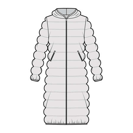 Hooded quilted shell down coat jacket puffer technical fashion illustration with long sleeve, knee length, oversized. Flat template front, grey color style. Women, men, unisex top CAD mockupのイラスト素材