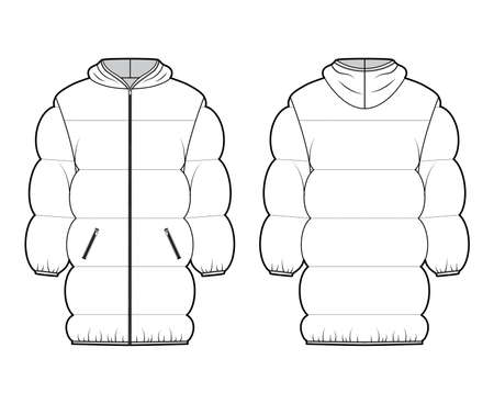 Down puffer jacket coat technical fashion illustration with hoody collar, pockets, oversized, thigh length, wide quilting. Flat template front, back, white color style. Women, men, unisex CAD mockupのイラスト素材