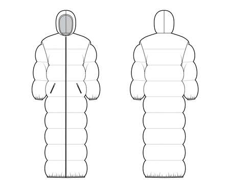 Hooded puffer quilted shell down coat jacket technical fashion illustration with long sleeves, zip-up closure, oversized. Flat template front, back, white color style. Women men, unisex top CAD mockupのイラスト素材