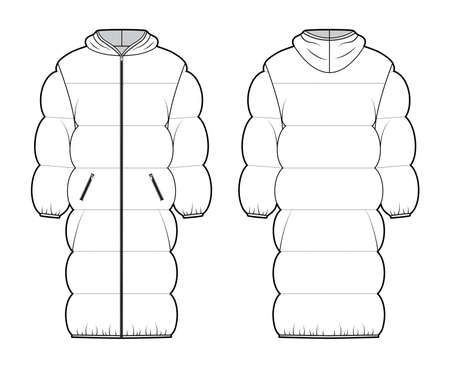 Down puffer coat jacket technical fashion illustration with long sleeves, hoody collar, zip-up closure, wide quilting. Flat template front, back, white color style. Women, men, unisex top CAD mockupのイラスト素材
